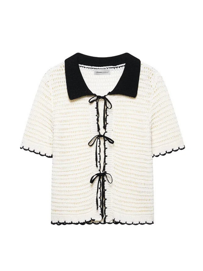 Beige Bow Lace Up Knit Sweater With Lapel Neck