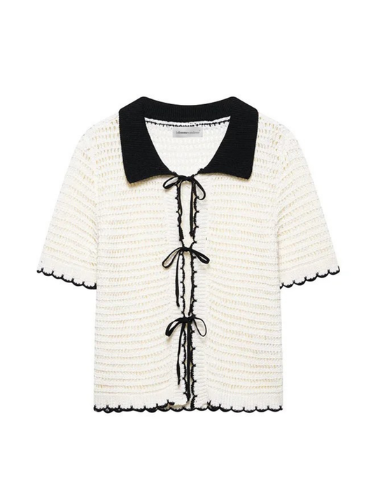 Beige Bow Lace Up Knit Sweater With Lapel Neck