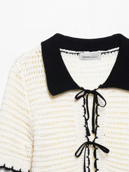 Beige Bow Lace Up Knit Sweater With Lapel Neck