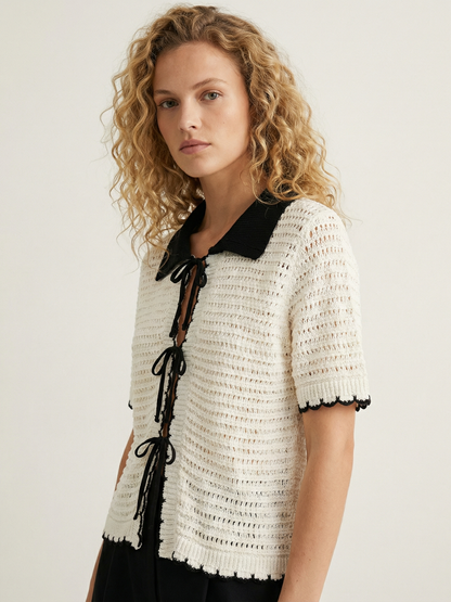 Beige Bow Lace Up Knit Sweater With Lapel Neck