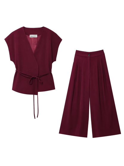 Chic Belted Sleeveless VNeck Suit