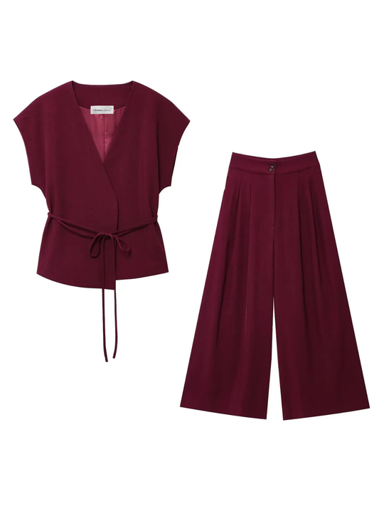 Chic Belted Sleeveless VNeck Suit