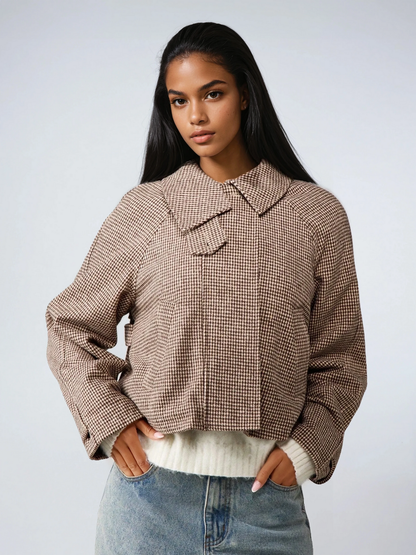 Houndstooth Quilted High Collar Jacket Oversized Coat For Cold Weather