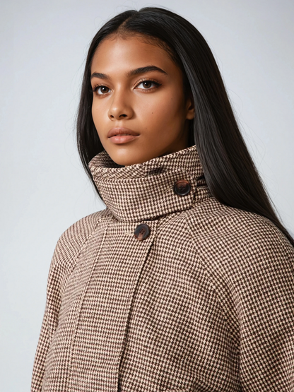 Houndstooth Quilted High Collar Jacket Oversized Coat For Cold Weather