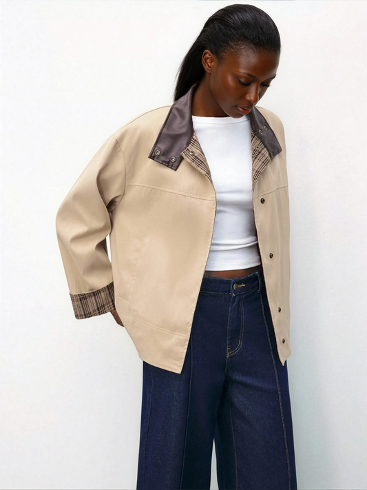 Brown Plaid Patchwork Sleeve Blazer With Leather Collar For Women Winter Everyday Wear