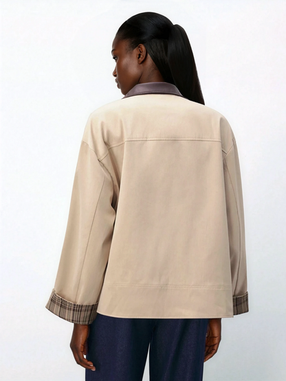 Brown Plaid Patchwork Sleeve Blazer With Leather Collar For Women Winter Everyday Wear