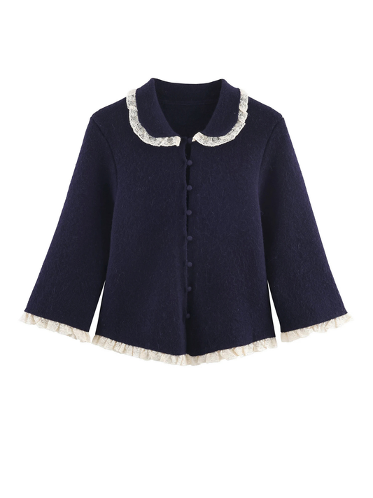 Retro Lace Collar Knit Cardigan Coat For Women With Long Sleeves