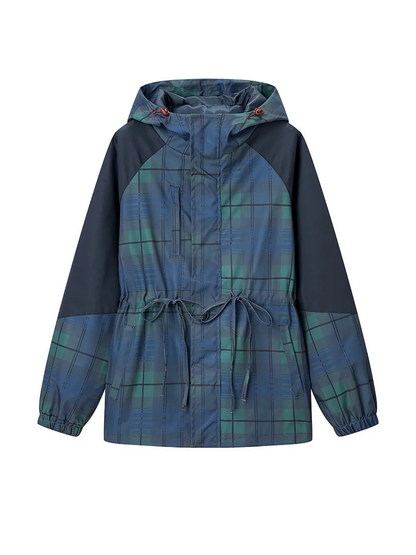 Plaid Hooded Standup Drawstring Windbreaker Jacket