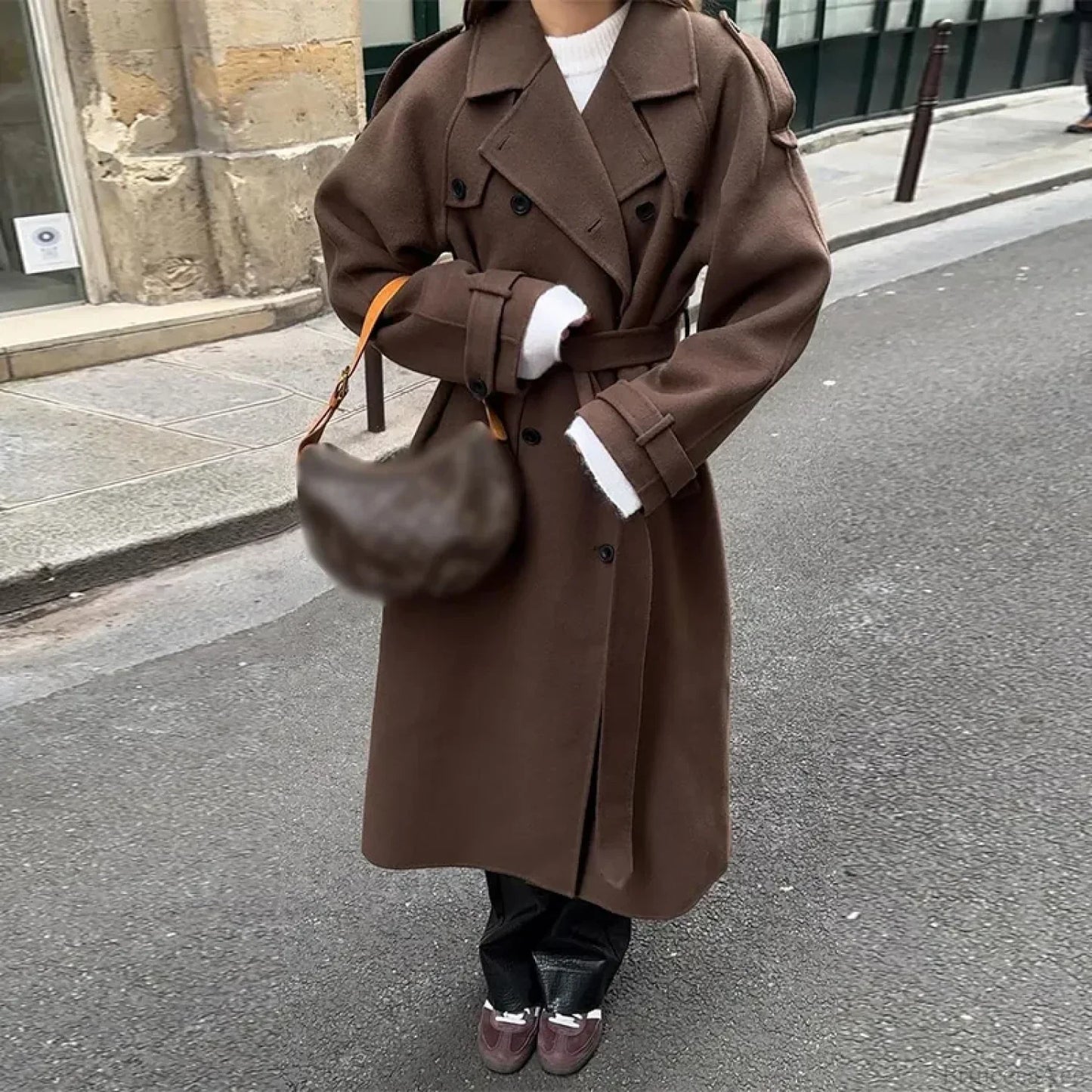 Lamb Wool Patchwork Leather Belted Overcoat