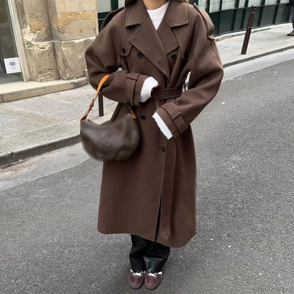 Lamb Wool Patchwork Leather Belted Overcoat