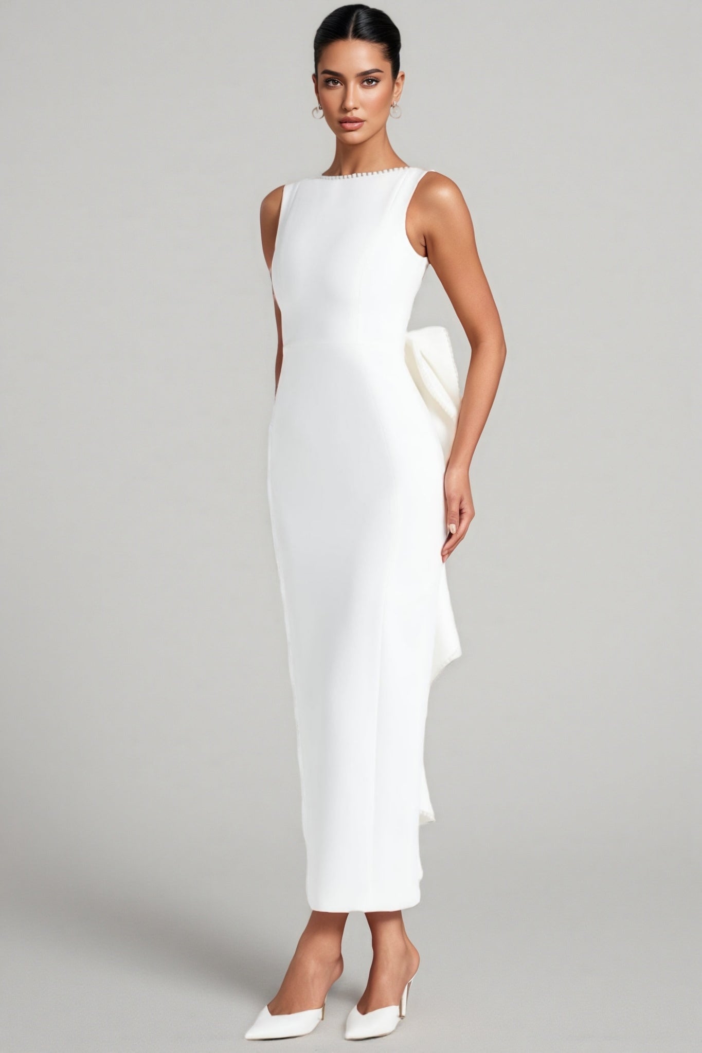 Jerres White Backless Pearl Ribbon Maxi Dress