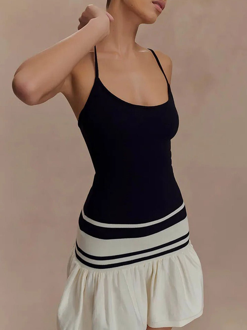 Drop Waist Striped Band Ruffle Hem Spaghetti Strap Cami Mini Dress