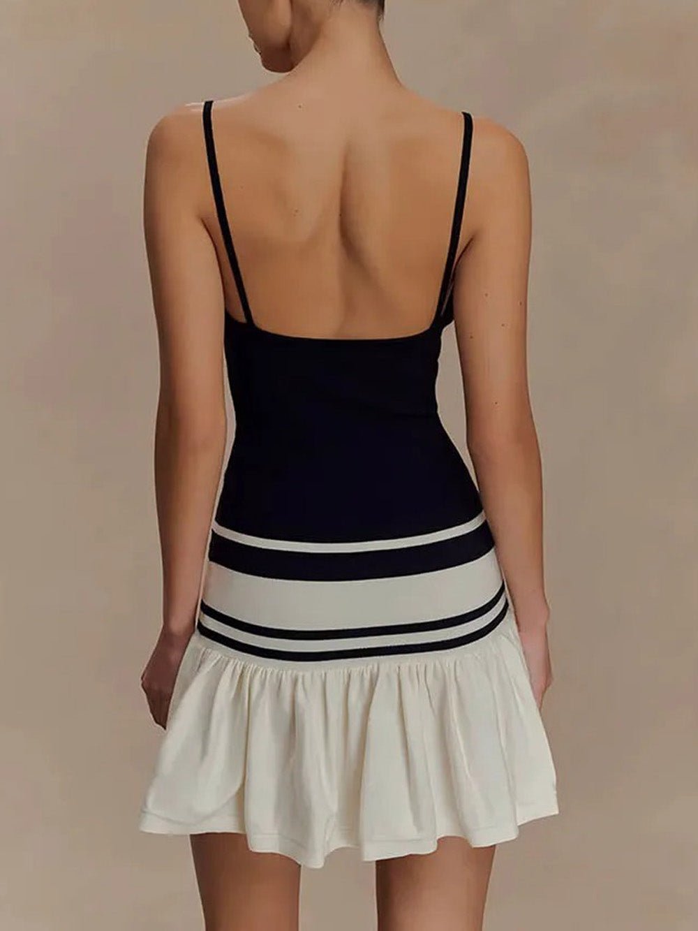 Drop Waist Striped Band Ruffle Hem Spaghetti Strap Cami Mini Dress