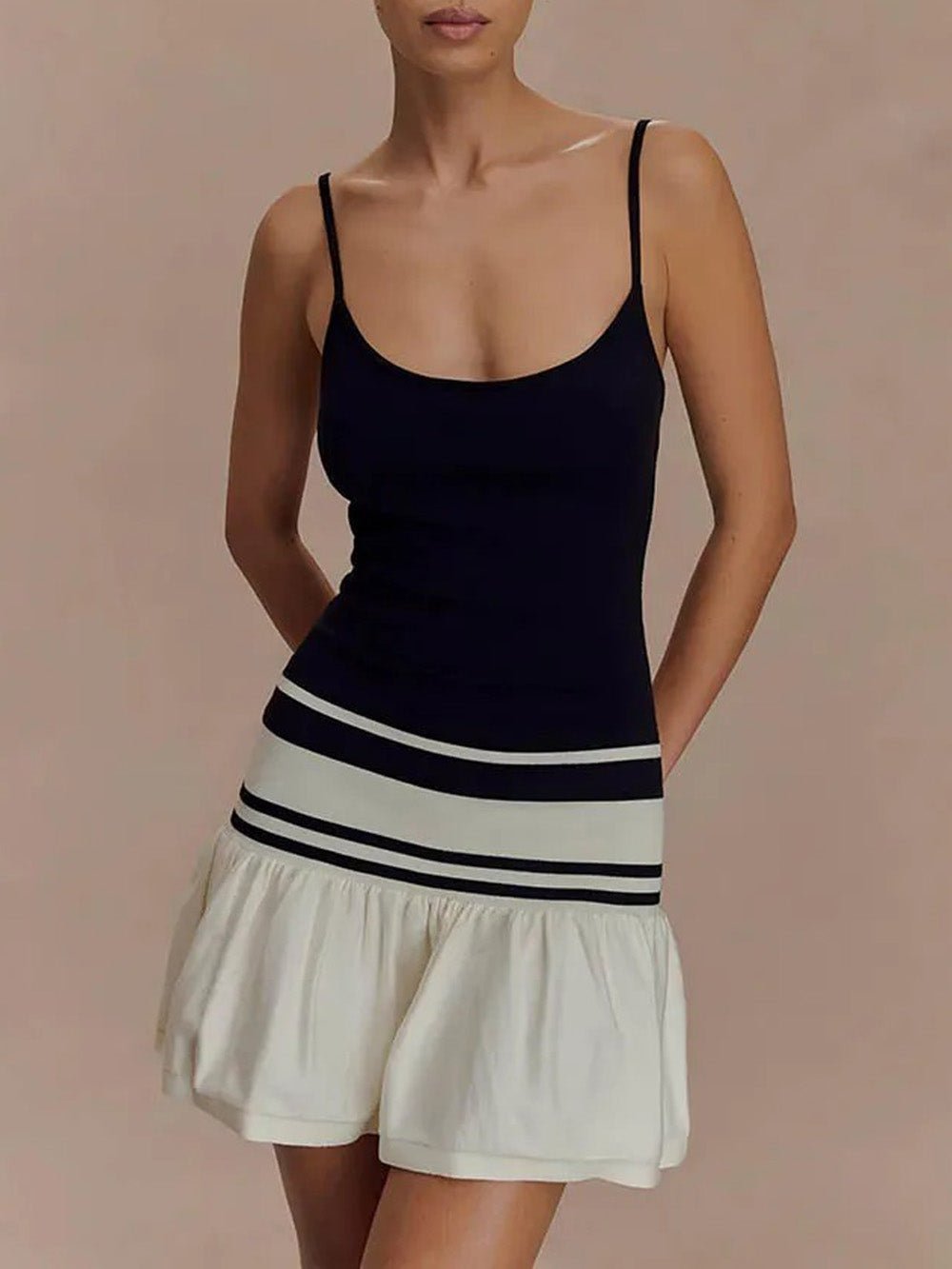 Drop Waist Striped Band Ruffle Hem Spaghetti Strap Cami Mini Dress
