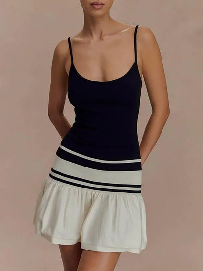 Drop Waist Striped Band Ruffle Hem Spaghetti Strap Cami Mini Dress
