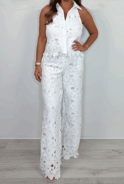 Lapel Hollow Out Lace Vest Pants Set