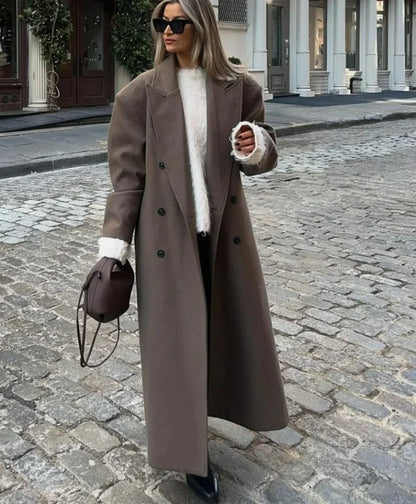 Lapel Woolen Double-Breasted Shoulder Pad Overcoat
