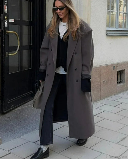 Lapel Woolen Double-Breasted Shoulder Pad Overcoat