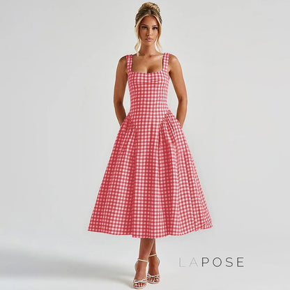 Adalae Plaid Backless Midi Dress