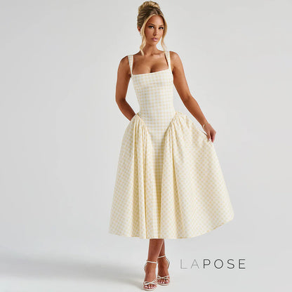 Adalae Plaid Backless Midi Dress