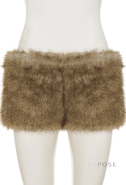 Adeline Khaki Faux Fur Shorts