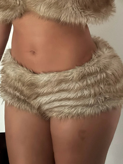 Adeline Khaki Faux Fur Shorts