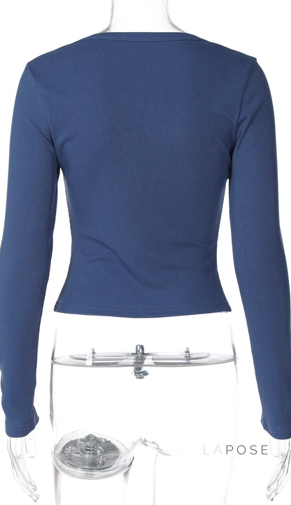 Aditri Ribbed Button U-Neck Top