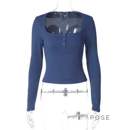 Aditri Ribbed Button U-Neck Top