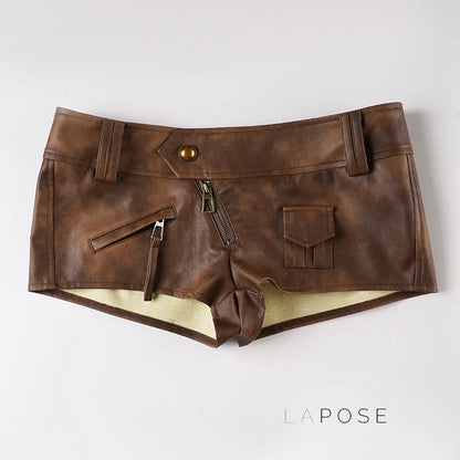 Ainslie Brown Faux Leather Biker Shorts