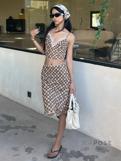 Alize Lace Trim Plaid Skirt Set