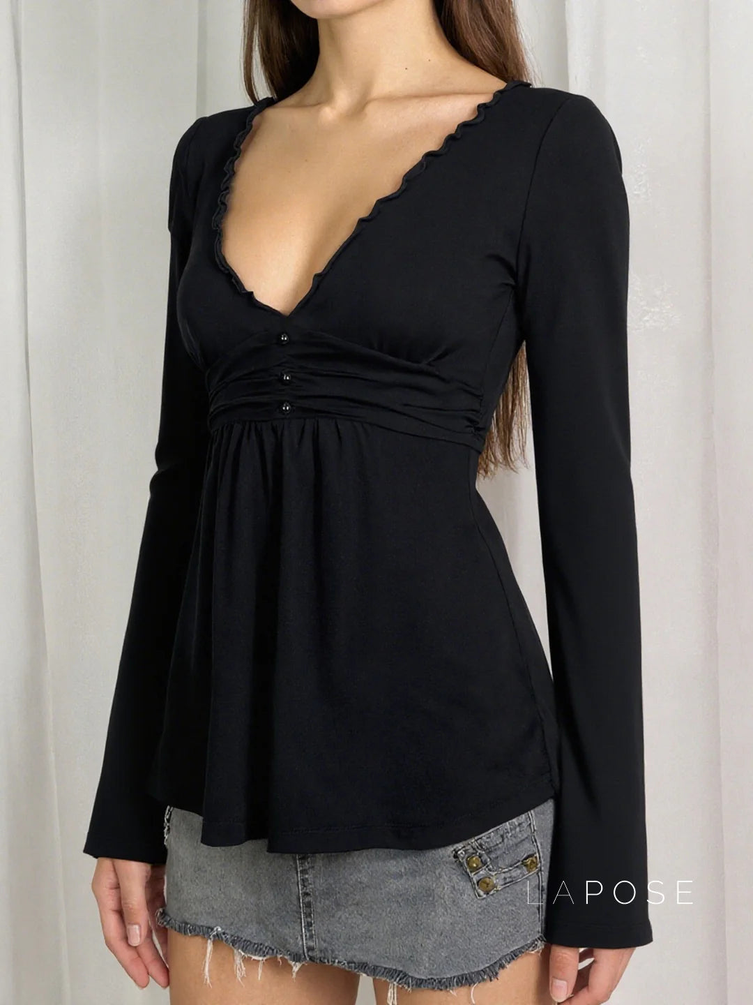 Analy Ruched V-Neck Long Sleeve Top