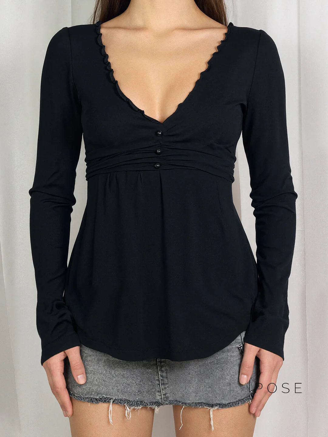 Analy Ruched V-Neck Long Sleeve Top