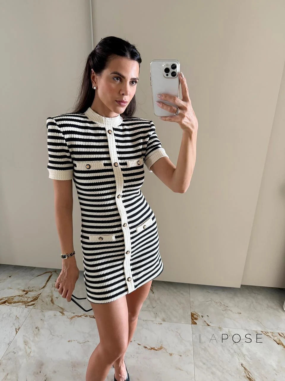 Annamae Striped Button-Front Knit Mini Dress