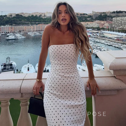 Azaria Polka Dot Strapless Midi Dress