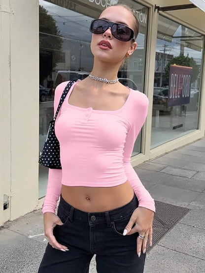 Button-Up Square Neck Long Sleeve Top