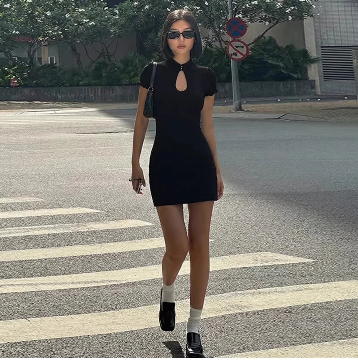 Cut-Out Mandarin Collar Mini Dress