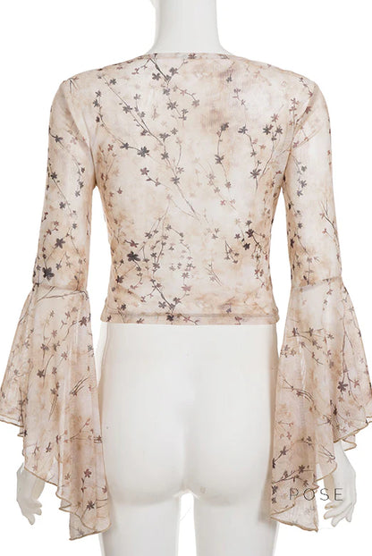 Elaina Printed Bell Sleeve Mesh Top