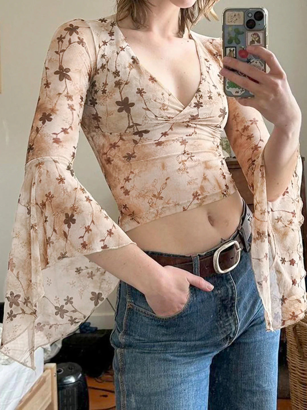 Elaina Printed Bell Sleeve Mesh Top