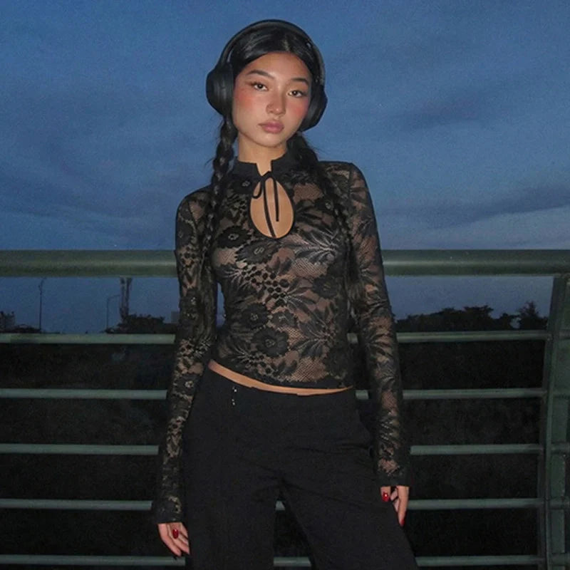 Floral Lace Sheer Mock Neck Top