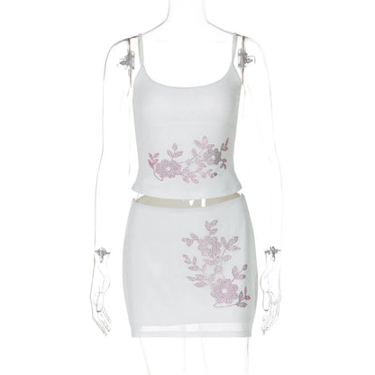 Floral Rhinestone Mesh Skirt Set