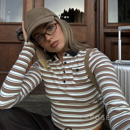 Germani Striped Long Sleeve Polo Top