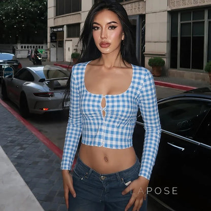 Karena Plaid Button-Up Crop Top