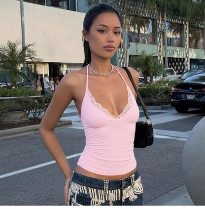 Lace Trim V-Neck Halter Top