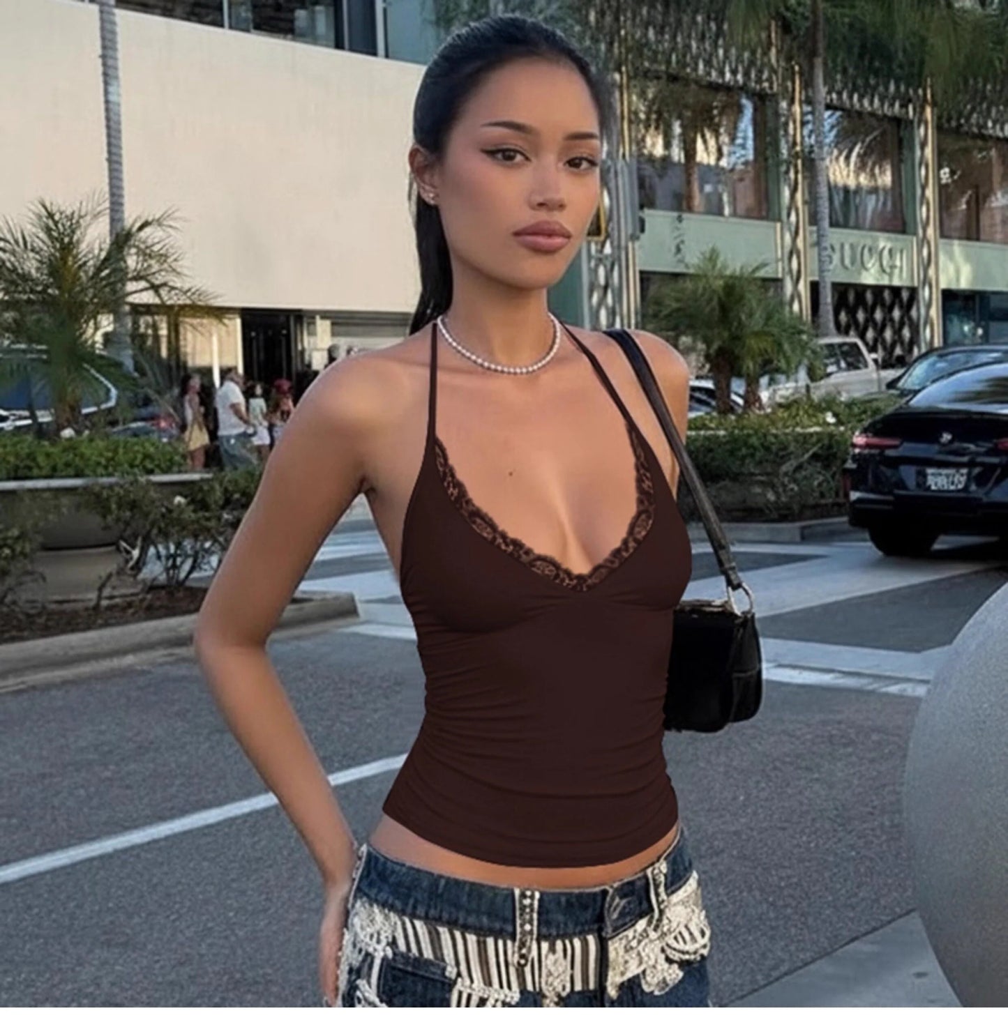 Lace Trim V-Neck Halter Top