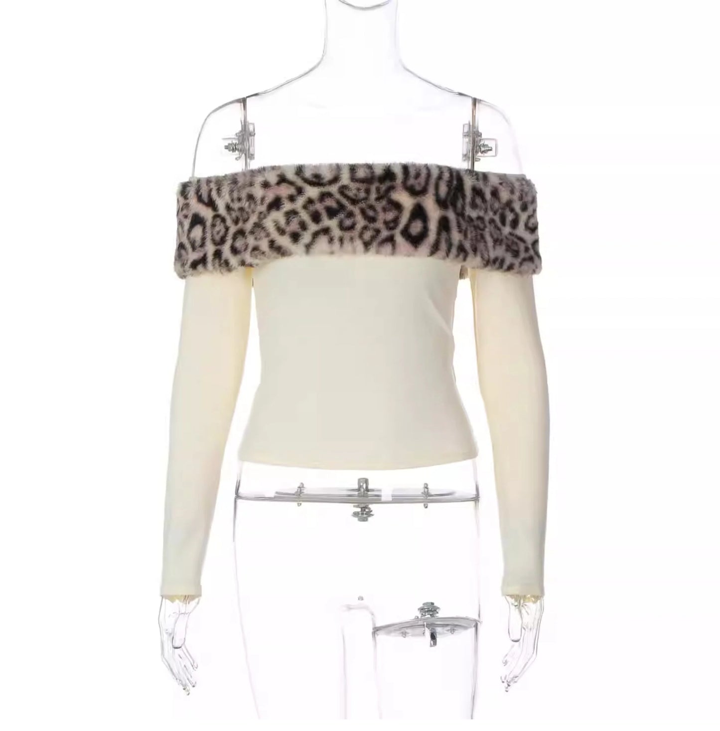 Leopard Print Fur Trim Off-Shoulder Top