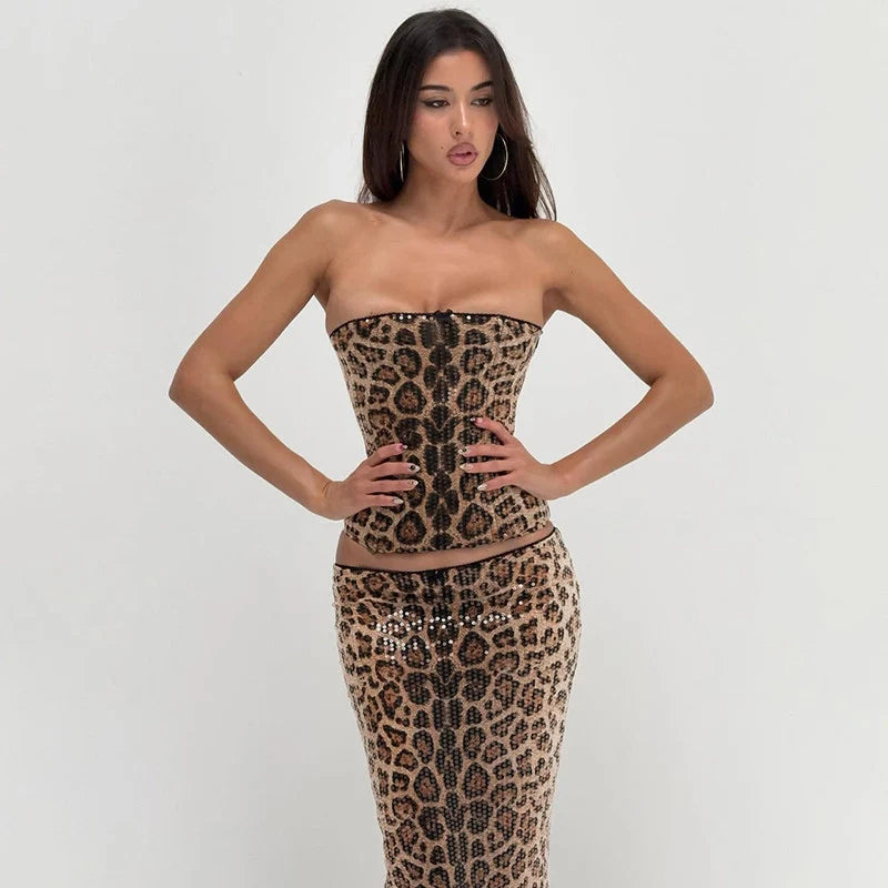 Leopard Sequin Two-Piece Skirt Set