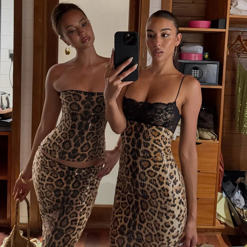 Leopard Sequin Two-Piece Skirt Set