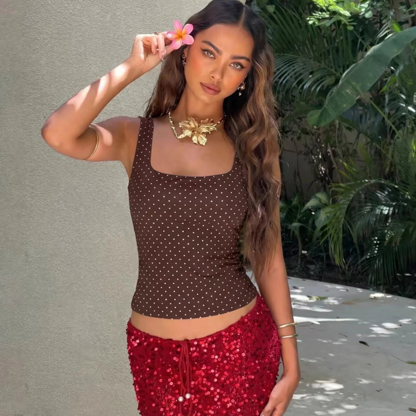 Polka Dot Square Neck Crop Top
