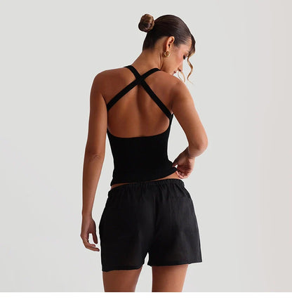 Ribbed Cross-Strap Backless Crop Top