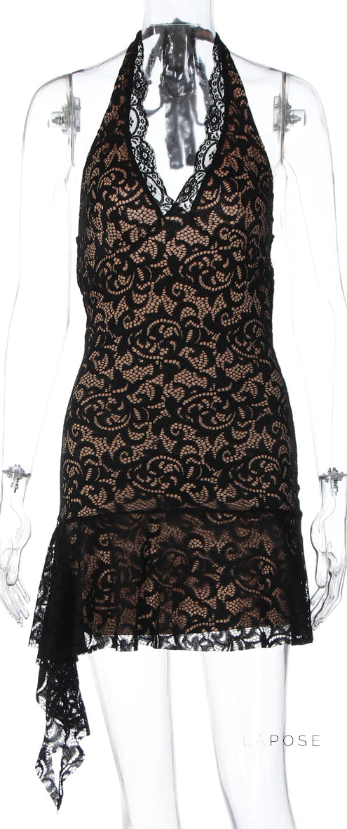 Rihanna Lace Halter Mini Dress